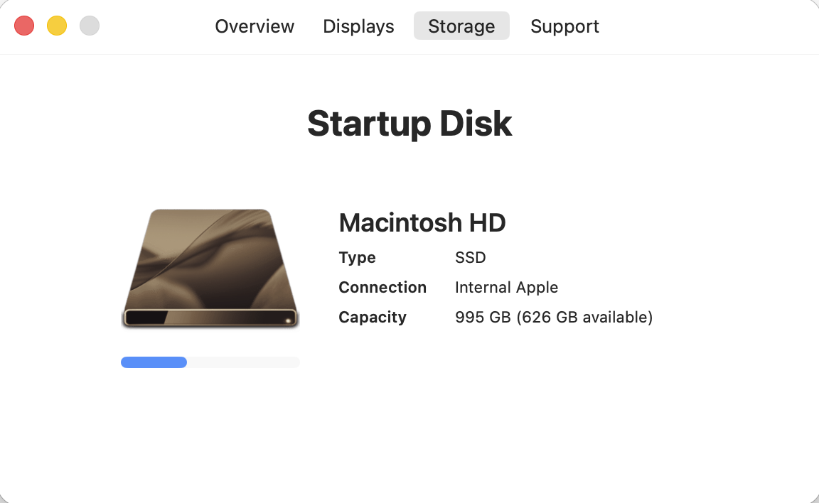 About This Hack Storage view showing disk capacity and free space