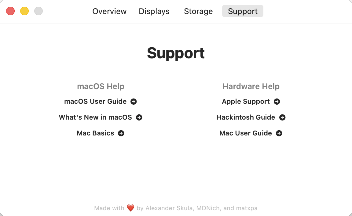 About This Hack Support view with macOS and Hackintosh resources