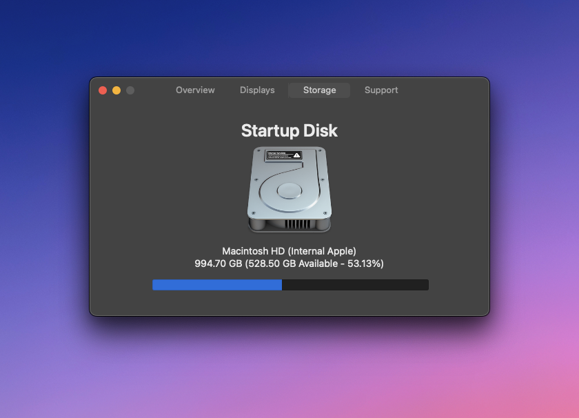Storage view with disk usage bar
