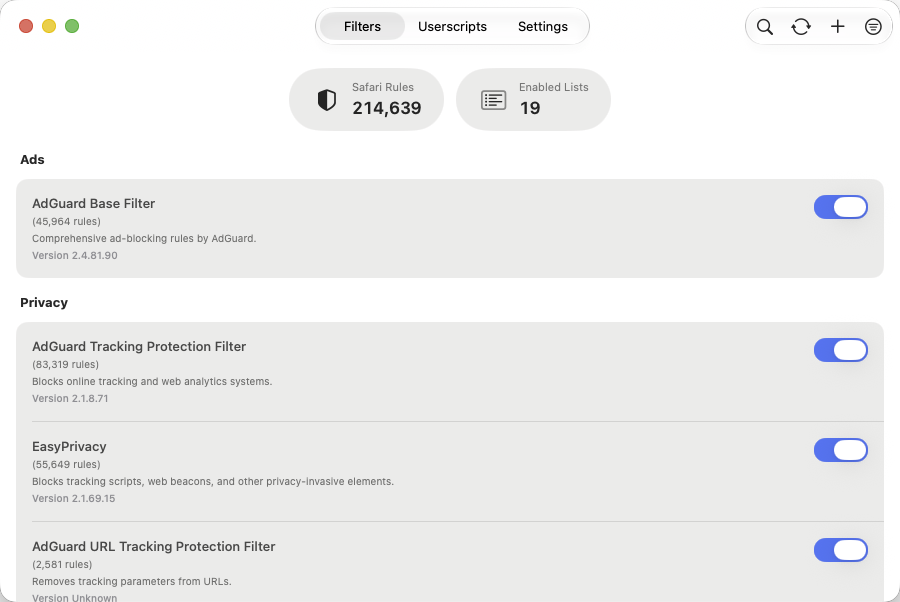wBlock Filters showing enabled content-blocking lists