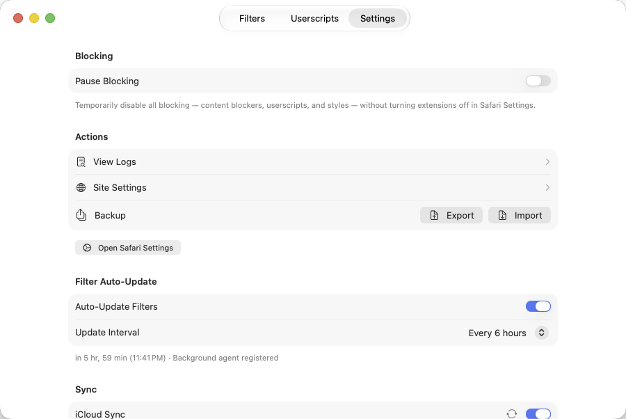 wBlock Settings showing updates and iCloud sync