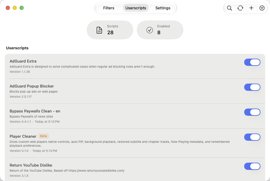 wBlock Userscripts showing optional page enhancements